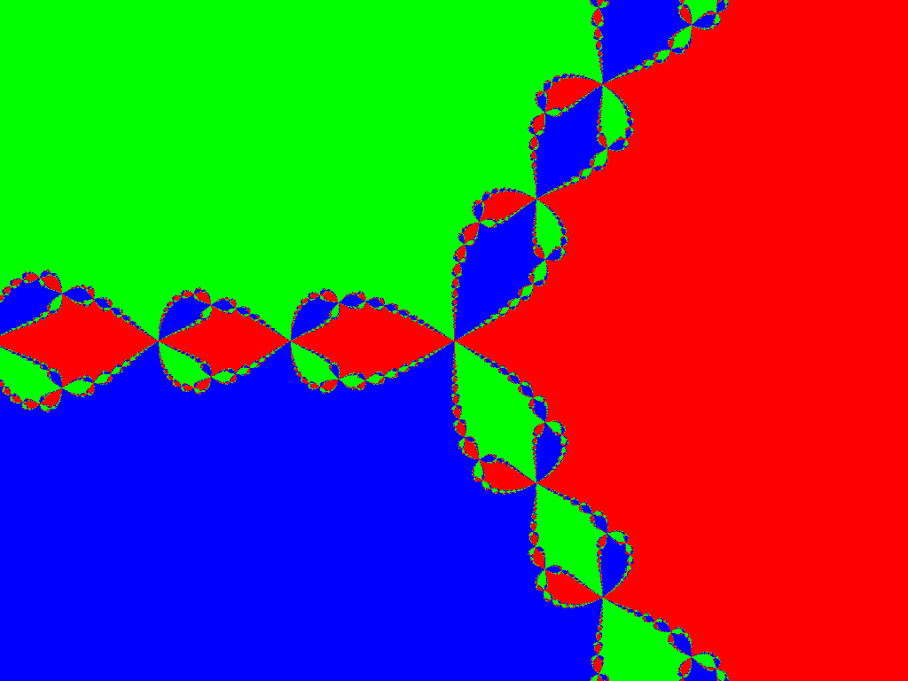 Image of the Julia set for z^3 - 1, with each basin of attraction coloured accordingly.